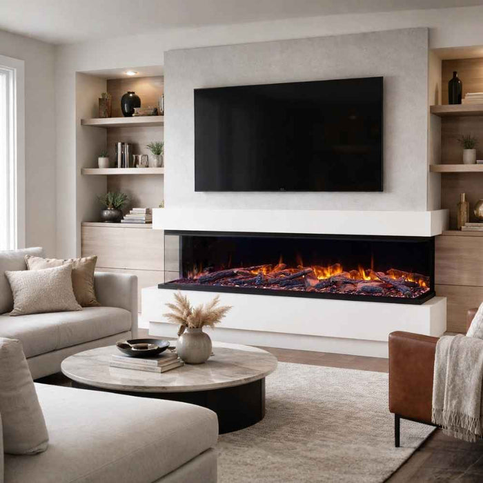 Amantii Fire & Ice Lumaforest 75" 3-Sided Built-In Electric Fireplace LF75 Vibrant Orange Flame Plus Glowing Logs & Orange Ember Bed with Mirrored Back Panel Installed