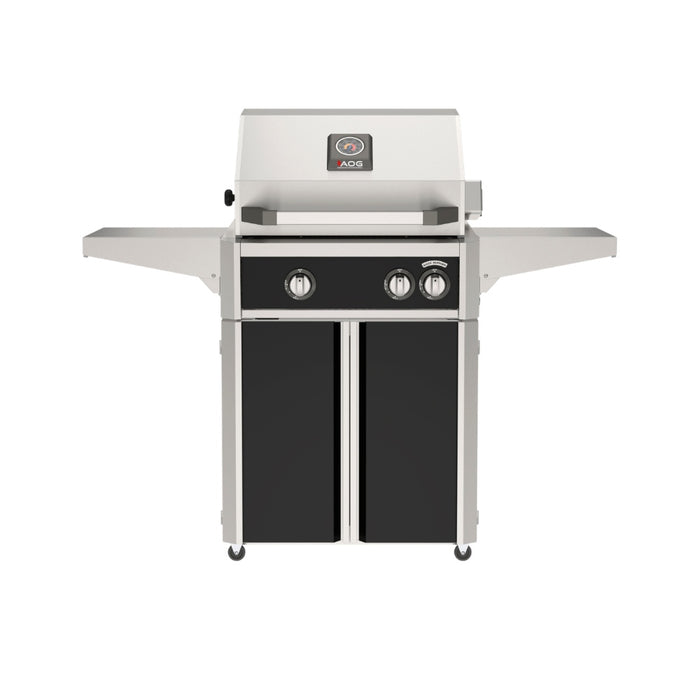 American Outdoor Grill 24" L-Series Portable Gas Grill with black accent panel and black accent panel cart base, large analog thermometer and push-button electronic ignition with backlit comfort-touch control knobs.