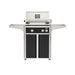 American Outdoor Grill 24" L-Series Portable Gas Grill with black accent panel and black accent panel cart base, large analog thermometer and push-button electronic ignition with backlit comfort-touch control knobs.