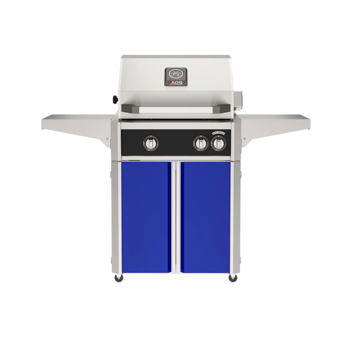 American Outdoor Grill 24" L-Series Portable Gas Grill with black accent panel and blue accent panel cart base, large analog thermometer and push-button electronic ignition with backlit comfort-touch control knobs.