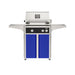 American Outdoor Grill 24" L-Series Portable Gas Grill with black accent panel and blue accent panel cart base, large analog thermometer and push-button electronic ignition with backlit comfort-touch control knobs.