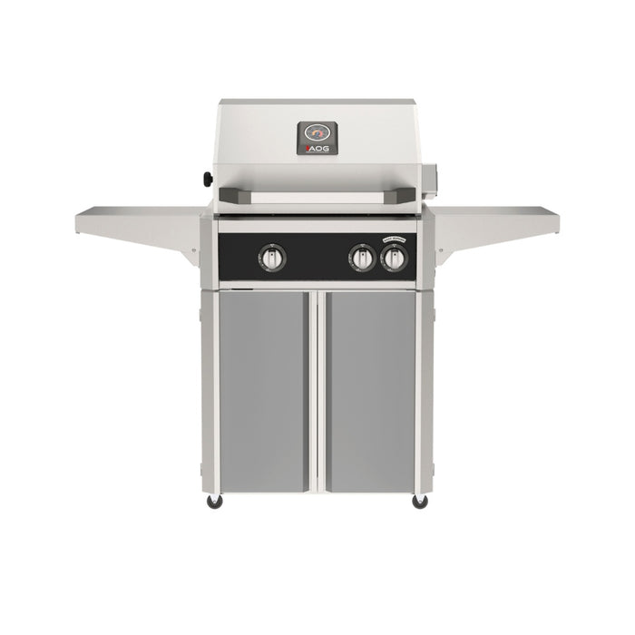 American Outdoor Grill 24" L-Series Portable Gas Grill with black accent panel and gray accent panel cart base, large analog thermometer and push-button electronic ignition with backlit comfort-touch control knobs.