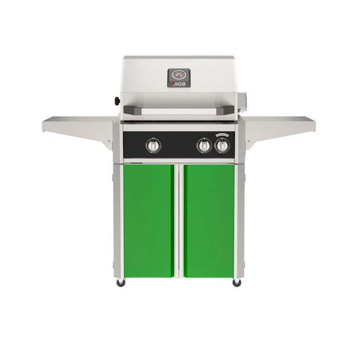 American Outdoor Grill 24" L-Series Portable Gas Grill with black accent panel and green accent panel cart base, large analog thermometer and push-button electronic ignition with backlit comfort-touch control knobs.