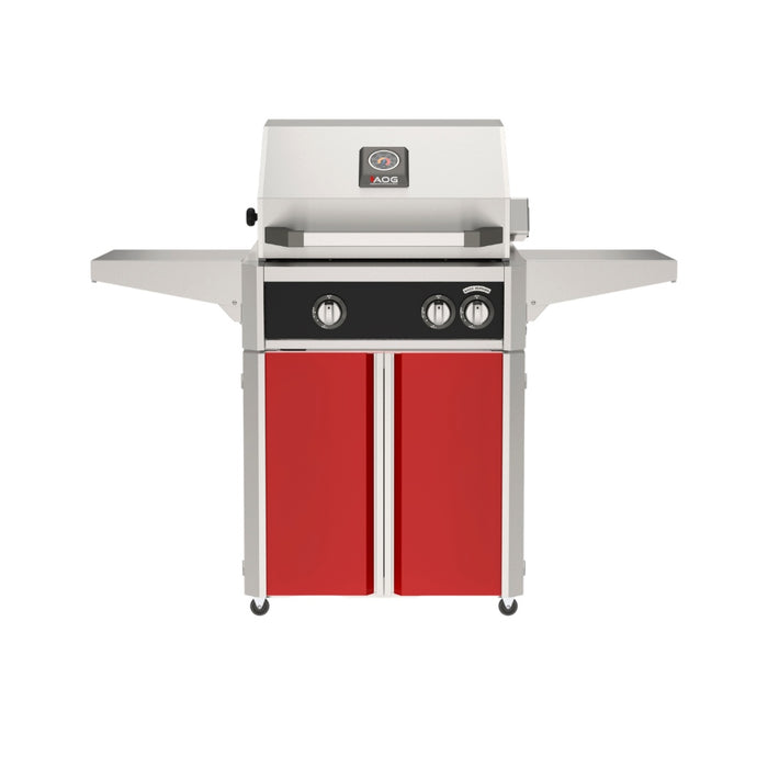 American Outdoor Grill 24" L-Series Portable Gas Grill with black accent panel and red accent panel cart base, large analog thermometer and push-button electronic ignition with backlit comfort-touch control knobs.