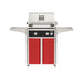 American Outdoor Grill 24" L-Series Portable Gas Grill with black accent panel and red accent panel cart base, large analog thermometer and push-button electronic ignition with backlit comfort-touch control knobs.