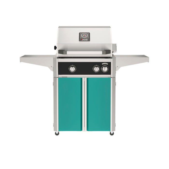 American Outdoor Grill 24" L-Series Portable Gas Grill with black accent panel and teal accent panel cart base, large analog thermometer and push-button electronic ignition with backlit comfort-touch control knobs.
