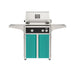 American Outdoor Grill 24" L-Series Portable Gas Grill with black accent panel and teal accent panel cart base, large analog thermometer and push-button electronic ignition with backlit comfort-touch control knobs.