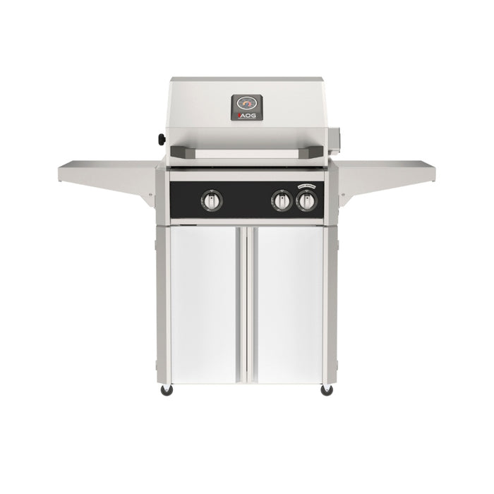 American Outdoor Grill 24" L-Series Portable Gas Grill with black accent panel and white accent panel cart base, large analog thermometer and push-button electronic ignition with backlit comfort-touch control knobs.