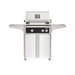American Outdoor Grill 24" L-Series Portable Gas Grill with black accent panel and white accent panel cart base, large analog thermometer and push-button electronic ignition with backlit comfort-touch control knobs.