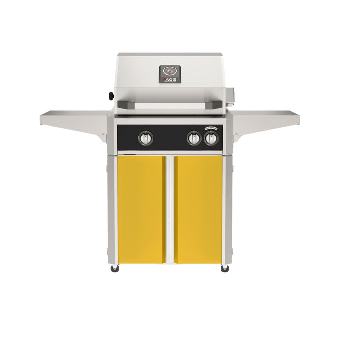American Outdoor Grill 24" L-Series Portable Gas Grill with black accent panel and yellow accent panel cart base, large analog thermometer and push-button electronic ignition with backlit comfort-touch control knobs.