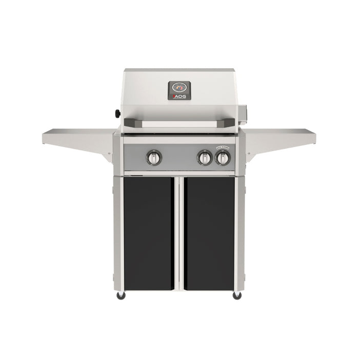 American Outdoor Grill 24" L-Series Portable Gas Grill with gray accent panel and yellow accent panel cart base, large analog thermometer and push-button electronic ignition with backlit comfort-touch control knobs.