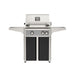 American Outdoor Grill 24" L-Series Portable Gas Grill with gray accent panel and yellow accent panel cart base, large analog thermometer and push-button electronic ignition with backlit comfort-touch control knobs.