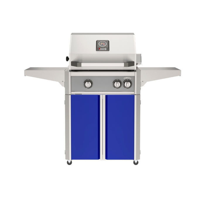 American Outdoor Grill 24" L-Series Portable Gas Grill with gray accent panel and blue accent panel cart base, large analog thermometer and push-button electronic ignition with backlit comfort-touch control knobs.