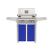 American Outdoor Grill 24" L-Series Portable Gas Grill with gray accent panel and blue accent panel cart base, large analog thermometer and push-button electronic ignition with backlit comfort-touch control knobs.