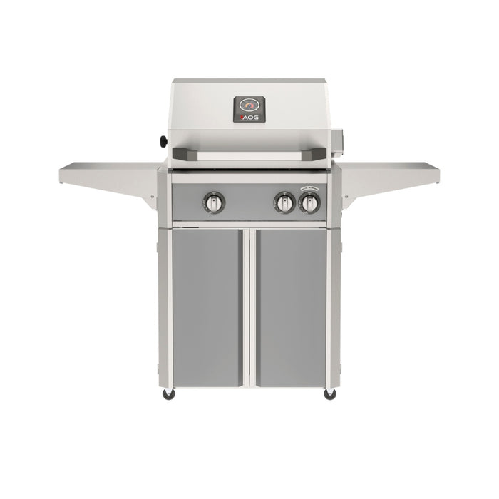 American Outdoor Grill 24" L-Series Portable Gas Grill with gray accent panel and gray accent panel cart base, large analog thermometer and push-button electronic ignition with backlit comfort-touch control knobs.