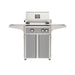 American Outdoor Grill 24" L-Series Portable Gas Grill with gray accent panel and gray accent panel cart base, large analog thermometer and push-button electronic ignition with backlit comfort-touch control knobs.