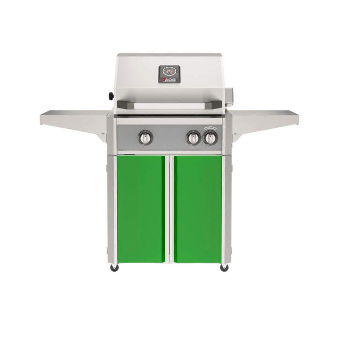 American Outdoor Grill 24" L-Series Portable Gas Grill with gray accent panel and green accent panel cart base, large analog thermometer and push-button electronic ignition with backlit comfort-touch control knobs.