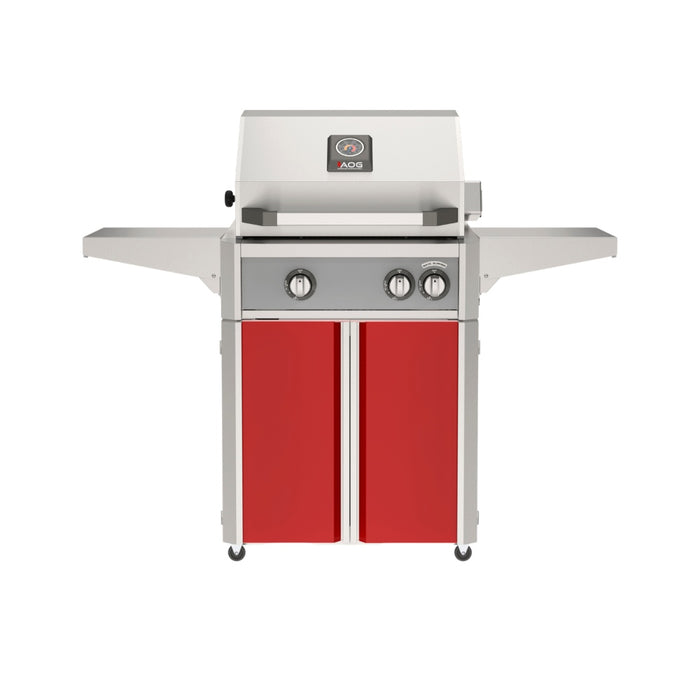 American Outdoor Grill 24" L-Series Portable Gas Grill with gray accent panel and red accent panel cart base, large analog thermometer and push-button electronic ignition with backlit comfort-touch control knobs.