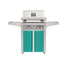American Outdoor Grill 24" L-Series Portable Gas Grill with gray accent panel and teal accent panel cart base, large analog thermometer and push-button electronic ignition with backlit comfort-touch control knobs.