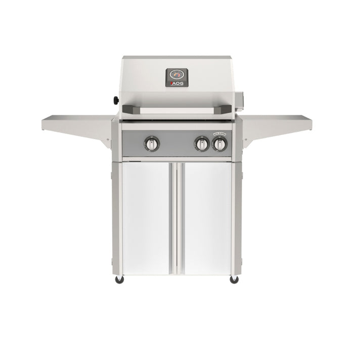 American Outdoor Grill 24" L-Series Portable Gas Grill with gray accent panel and white accent panel cart base, large analog thermometer and push-button electronic ignition with backlit comfort-touch control knobs.