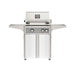 American Outdoor Grill 24" L-Series Portable Gas Grill with gray accent panel and white accent panel cart base, large analog thermometer and push-button electronic ignition with backlit comfort-touch control knobs.