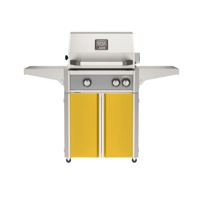 American Outdoor Grill 24" L-Series Portable Gas Grill with gray accent panel and yellow accent panel cart base, large analog thermometer and push-button electronic ignition with backlit comfort-touch control knobs.