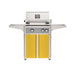 American Outdoor Grill 24" L-Series Portable Gas Grill with gray accent panel and yellow accent panel cart base, large analog thermometer and push-button electronic ignition with backlit comfort-touch control knobs.