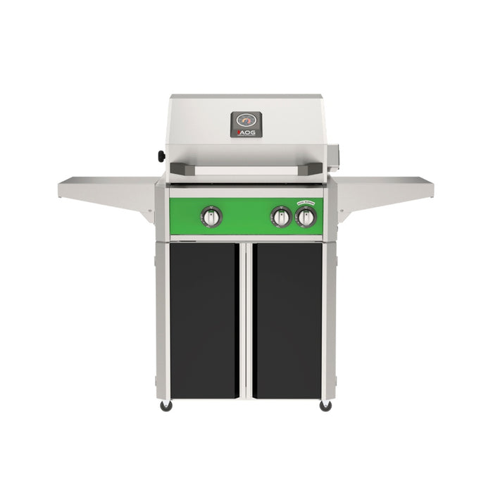 American Outdoor Grill 24" L-Series Portable Gas Grill with green accent panel and black accent panel cart base, large analog thermometer and push-button electronic ignition with backlit comfort-touch control knobs.