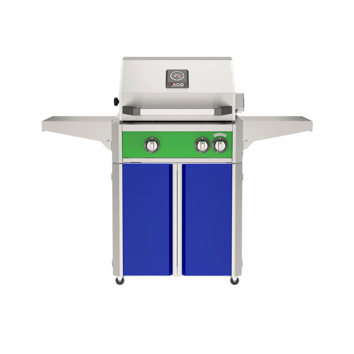 American Outdoor Grill 24" L-Series Portable Gas Grill with green accent panel and blue accent panel cart base, large analog thermometer and push-button electronic ignition with backlit comfort-touch control knobs.