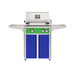 American Outdoor Grill 24" L-Series Portable Gas Grill with green accent panel and blue accent panel cart base, large analog thermometer and push-button electronic ignition with backlit comfort-touch control knobs.