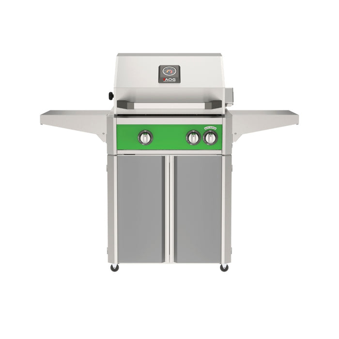 American Outdoor Grill 24" L-Series Portable Gas Grill with green accent panel and gray accent panel cart base, large analog thermometer and push-button electronic ignition with backlit comfort-touch control knobs.