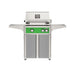 American Outdoor Grill 24" L-Series Portable Gas Grill with green accent panel and gray accent panel cart base, large analog thermometer and push-button electronic ignition with backlit comfort-touch control knobs.