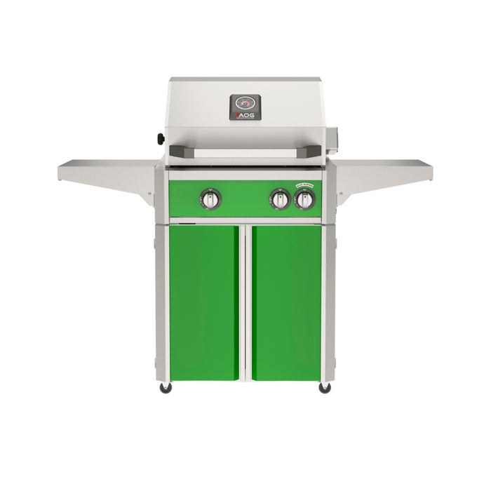 American Outdoor Grill 24" L-Series Portable Gas Grill with green accent panel and green accent panel cart base, large analog thermometer and push-button electronic ignition with backlit comfort-touch control knobs.