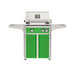 American Outdoor Grill 24" L-Series Portable Gas Grill with green accent panel and green accent panel cart base, large analog thermometer and push-button electronic ignition with backlit comfort-touch control knobs.