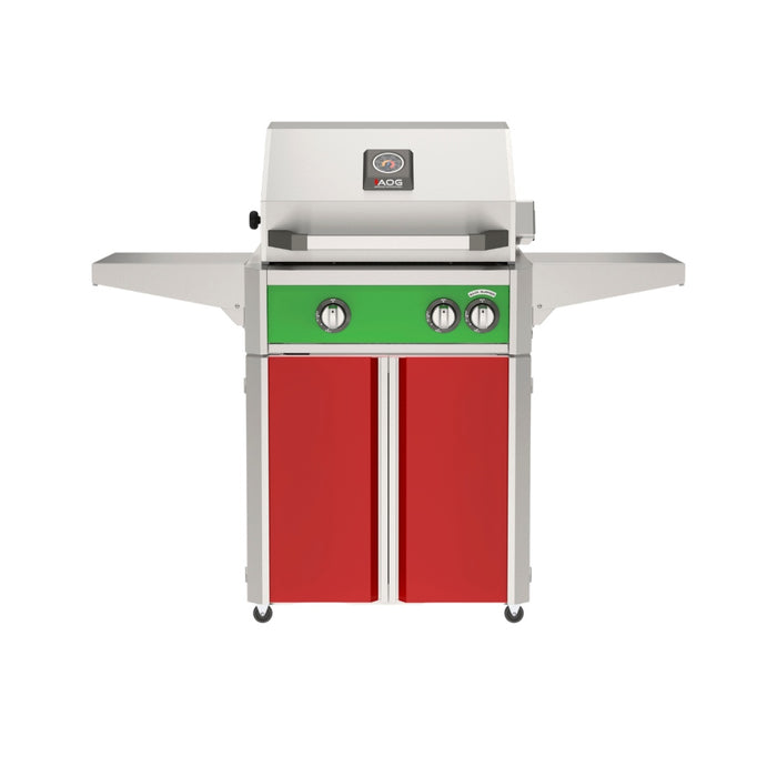 American Outdoor Grill 24" L-Series Portable Gas Grill with green accent panel and red accent panel cart base, large analog thermometer and push-button electronic ignition with backlit comfort-touch control knobs.