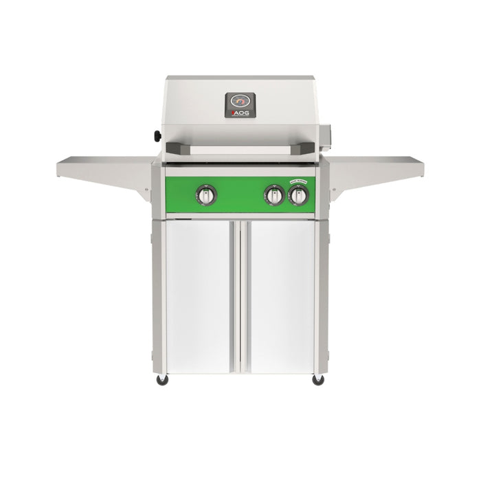 American Outdoor Grill 24" L-Series Portable Gas Grill with green accent panel and white accent panel cart base, large analog thermometer and push-button electronic ignition with backlit comfort-touch control knobs.