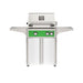 American Outdoor Grill 24" L-Series Portable Gas Grill with green accent panel and white accent panel cart base, large analog thermometer and push-button electronic ignition with backlit comfort-touch control knobs.