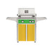 American Outdoor Grill 24" L-Series Portable Gas Grill with green accent panel and yellow accent panel cart base, large analog thermometer and push-button electronic ignition with backlit comfort-touch control knobs.