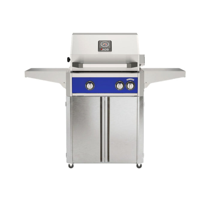 American Outdoor Grill 24" L-Series Portable Gas Grill in blue accent panel and cart base.
