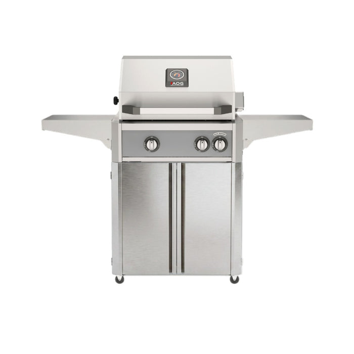 American Outdoor Grill 24" L-Series Portable Gas Grill in gray accent panel and cart base.
