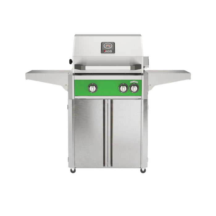 American Outdoor Grill 24" L-Series Portable Gas Grill in green accent panel and cart base.

