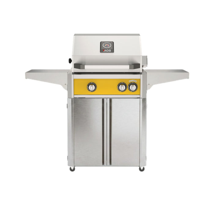 American Outdoor Grill 24" L-Series Portable Gas Grill in yellow accent panel and cart base.
