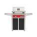 American Outdoor Grill 24" L-Series Portable Gas Grill with red accent panel and black accent panel cart base, large analog thermometer and push-button electronic ignition with backlit comfort-touch control knobs.