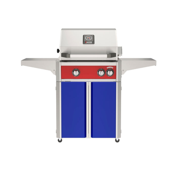 American Outdoor Grill 24" L-Series Portable Gas Grill with red accent panel and blue accent panel cart base, large analog thermometer and push-button electronic ignition with backlit comfort-touch control knobs.