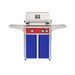 American Outdoor Grill 24" L-Series Portable Gas Grill with red accent panel and blue accent panel cart base, large analog thermometer and push-button electronic ignition with backlit comfort-touch control knobs.