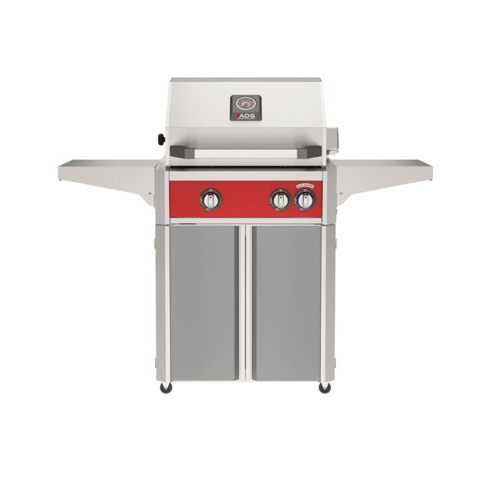 American Outdoor Grill 24" L-Series Portable Gas Grill with red accent panel and gray accent panel cart base, large analog thermometer and push-button electronic ignition with backlit comfort-touch control knobs.