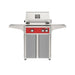 American Outdoor Grill 24" L-Series Portable Gas Grill with red accent panel and gray accent panel cart base, large analog thermometer and push-button electronic ignition with backlit comfort-touch control knobs.