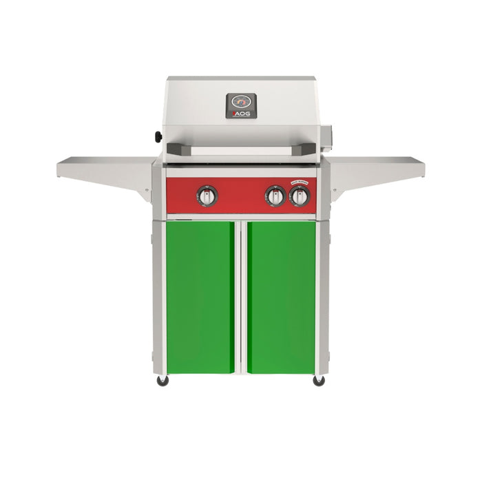 American Outdoor Grill 24" L-Series Portable Gas Grill with red accent panel and green accent panel cart base, large analog thermometer and push-button electronic ignition with backlit comfort-touch control knobs.