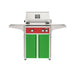American Outdoor Grill 24" L-Series Portable Gas Grill with red accent panel and green accent panel cart base, large analog thermometer and push-button electronic ignition with backlit comfort-touch control knobs.