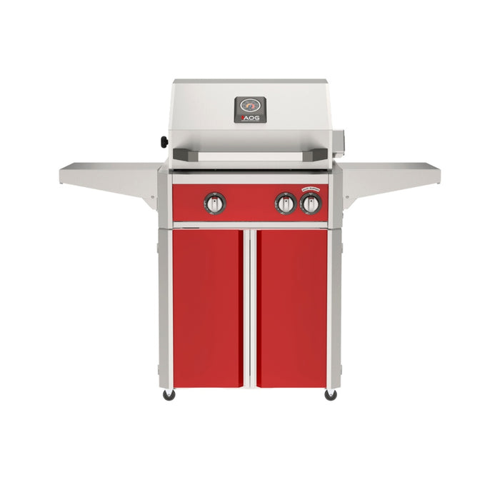 American Outdoor Grill 24" L-Series Portable Gas Grill with red accent panel and red accent panel cart base, large analog thermometer and push-button electronic ignition with backlit comfort-touch control knobs.